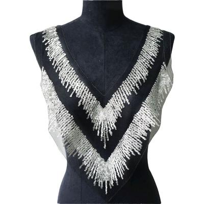 V Collar Design Mesh Lace Appliques Silver Sequins Dress Decoration Appliques  Gown Embellishment