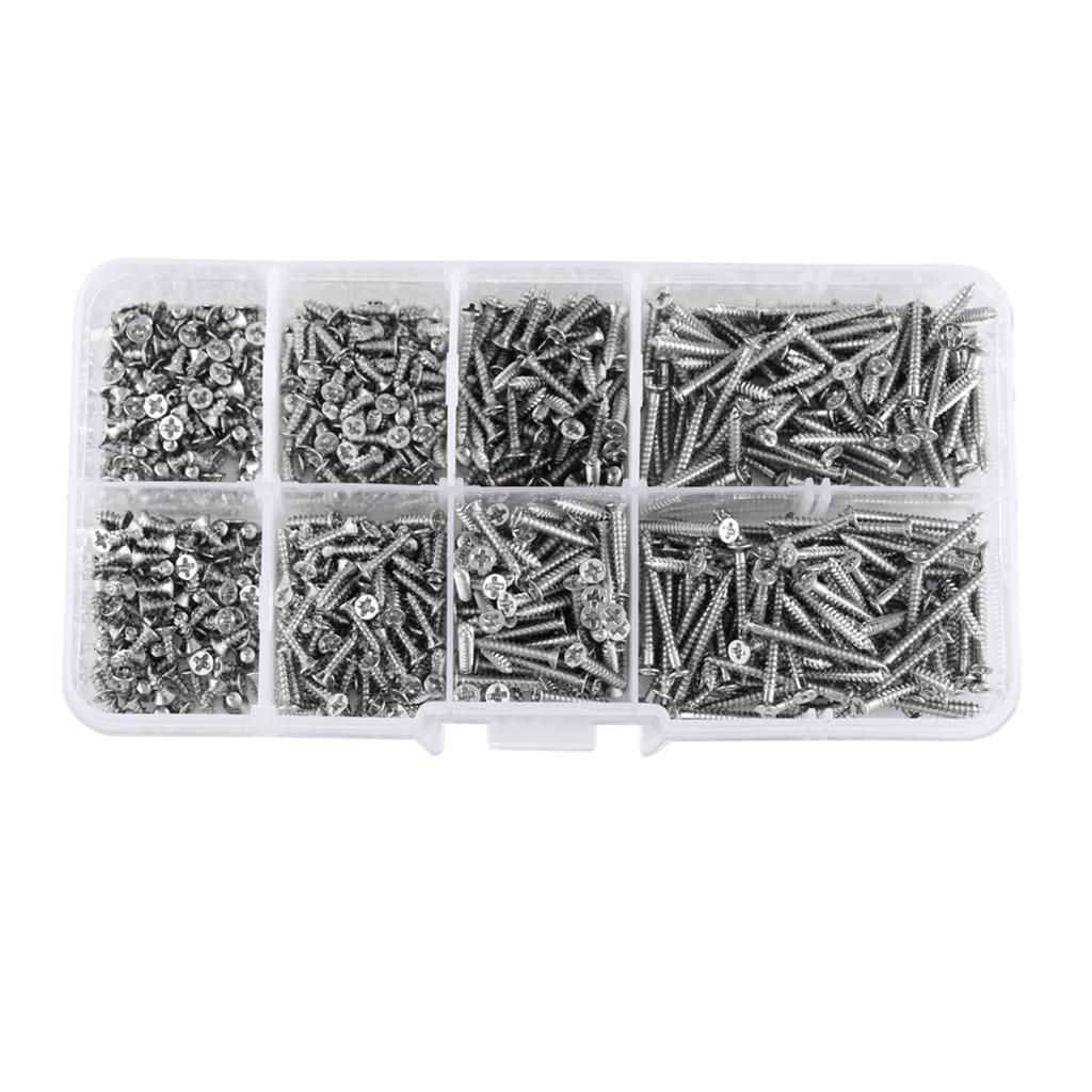 800pcs M2 Cross Drive Flat Head Self‑Tapping Screws Woodworking Fastener with Box