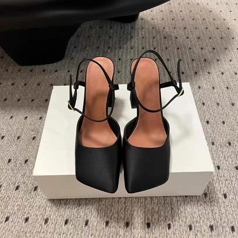 Fashion New Satin Mary Jane Fashion Sandals European American Women's Summer Square Head Thick Heel Shopping Commuting Style High Heels