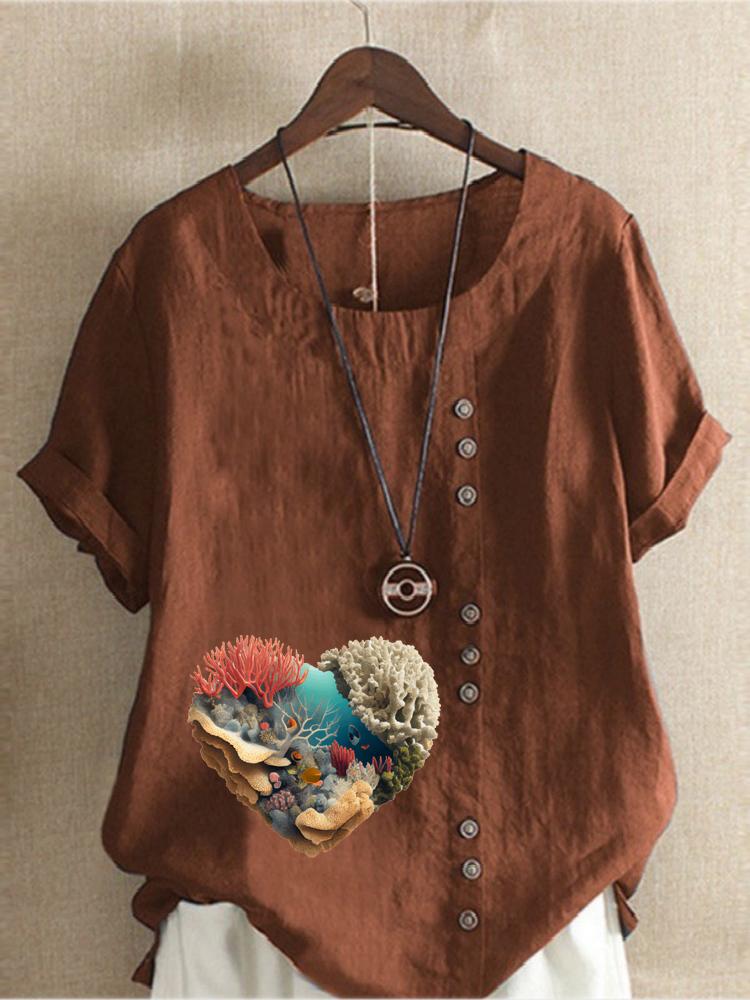 Women's Fashion Coral Heart-shaped Print Shot Sleeve T-shirt Loose Cotton Shirt Casual Loose Summer Blouse Tops Plus Size