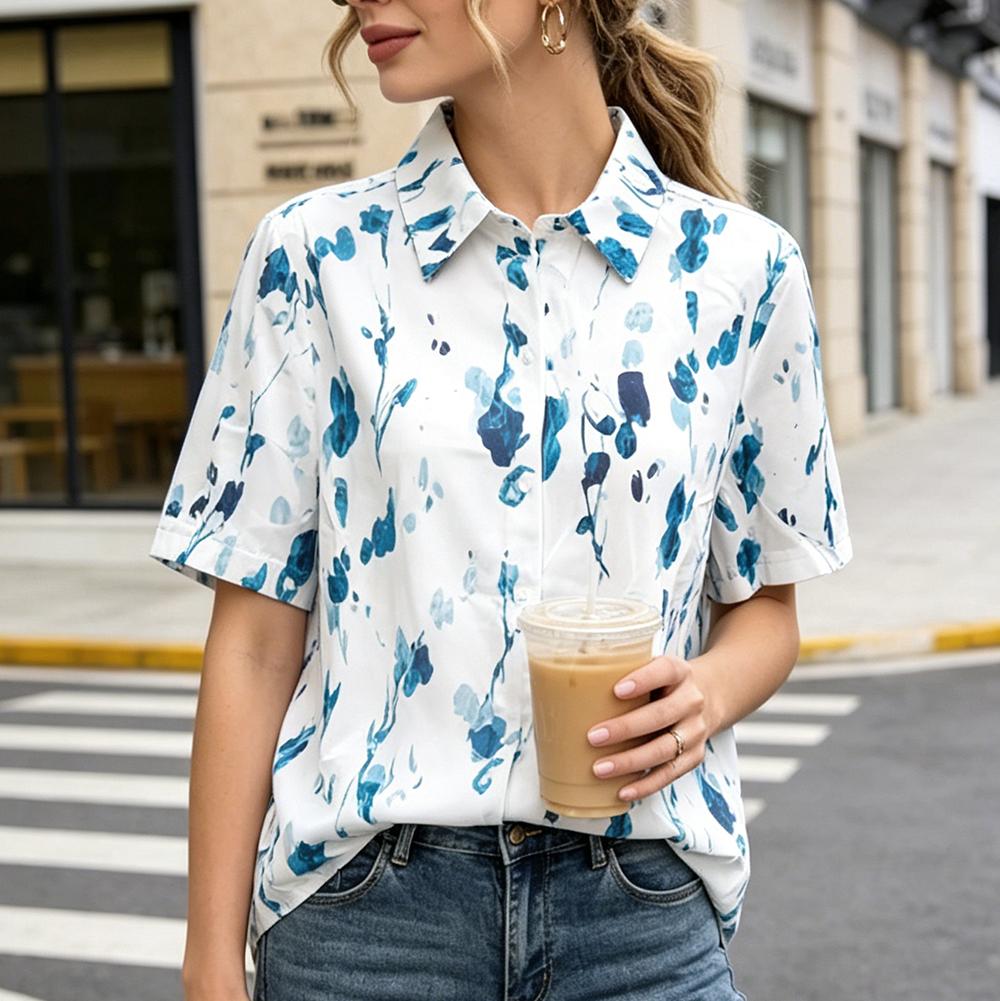 

Women s Blue Watercolor Print Short Sleeve Button Down Shirt, Casual Loose Blouse for Summer, Breathable Cotton Top for Vacation, Streetwear S детские порошок/каталина синий