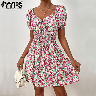 Damenmode Sommer Frühling Blumenmuster Druck Kurzarm V-Ausschnitt Hohe Taille Freizeitkleider