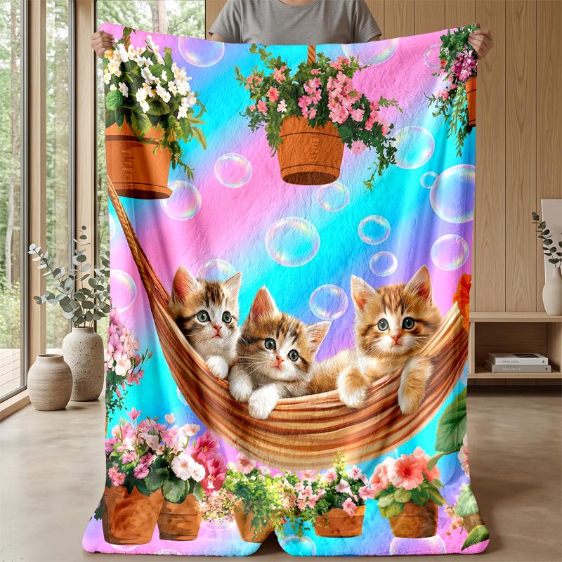 Kittens in Hammock with Flowers Theme blanket Lightweight Warm Flannel Blanket Decorative Throw Blanket for Home Decoration
