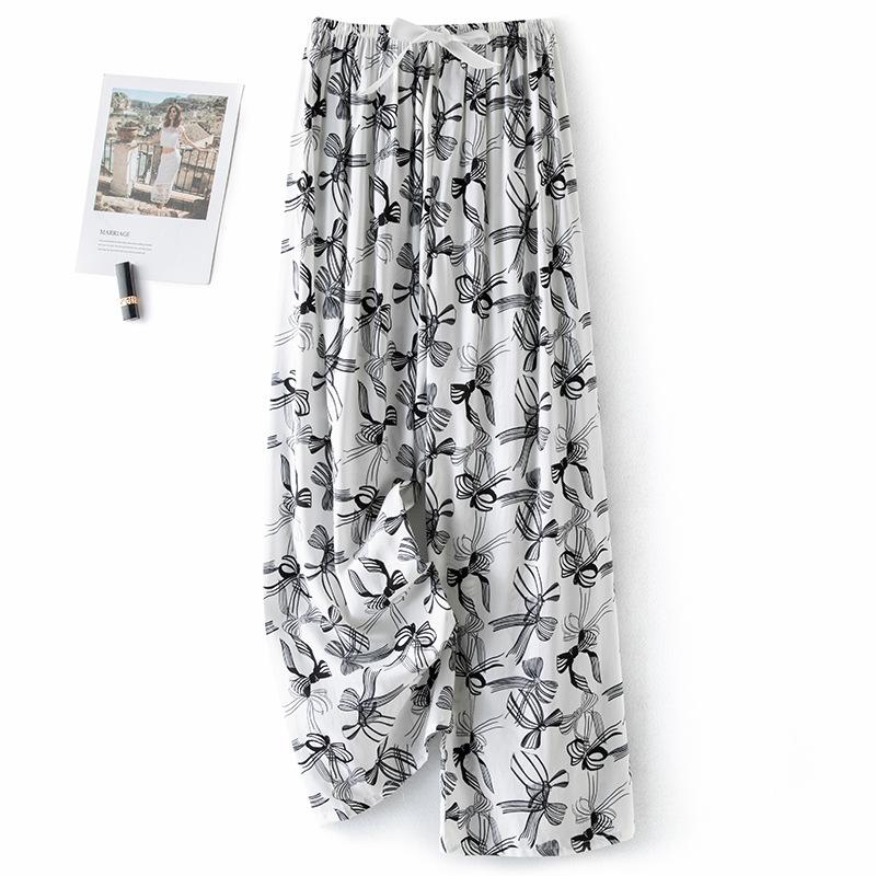 Pantaloni de pijama din bumbac mătase pentru femei, secțiune subțire de vară, anti-țânțari, pantaloni cu picior lat, culoare uni, pentru exterior, casă, petrecere a timpului liber, imprimeu, pantaloni de plajă până la genunchi