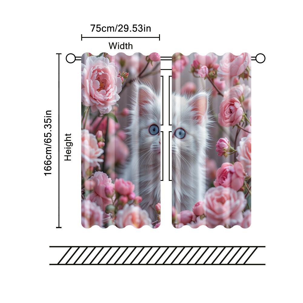 2 Pcs   Filtering Curtains (excluding Rods   Non-movable   Without Batteries) Adorable Kitten for Use In Bedrooms and Living Rooms