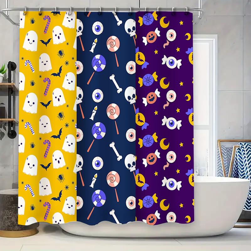 

Spooky Cute Halloween Decorprinted Polyester Fabric Shower Curtains Set In Vivid Colors With Creepy Ghosts, Skulls, Bones, Spide W60H190(CM)-1 Pcs
