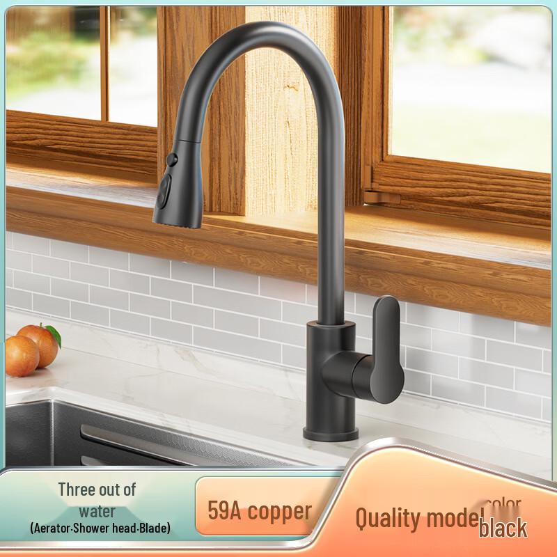 Lantuan Black 59 Brass Three-Function Pull-Out Kitchen Faucet