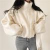 Damen Design Cropped Stehkragen Warme Faux-Lammwolljacke Herbst und Winter Locker und Vielseitig Reißverschluss Strickjacke Top
