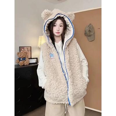 Women Winter Thick Cotton Vest with Hood Cute Bear Ears Casual Warm Waistcoat for Petite Short Girls