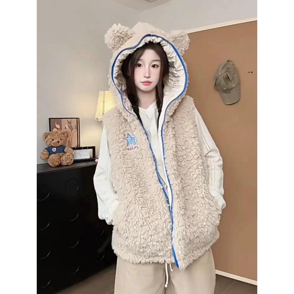 Women Winter Thick Cotton Vest with Hood Cute Bear Ears Casual Warm Waistcoat for Petite Short Girls