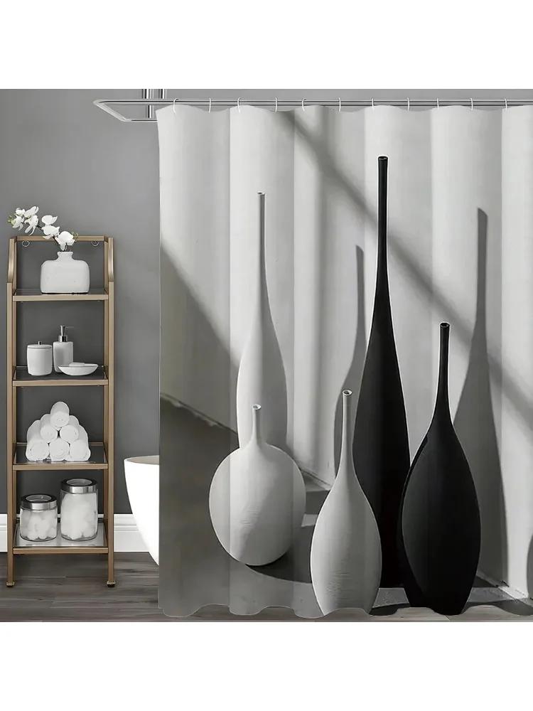 Black And White Vase Still Life Shower Curtain, Bathroom Decorative Shower Curtain, Waterproof Shower Curtain With Hooks W60H190(CM)-1 Pcs
