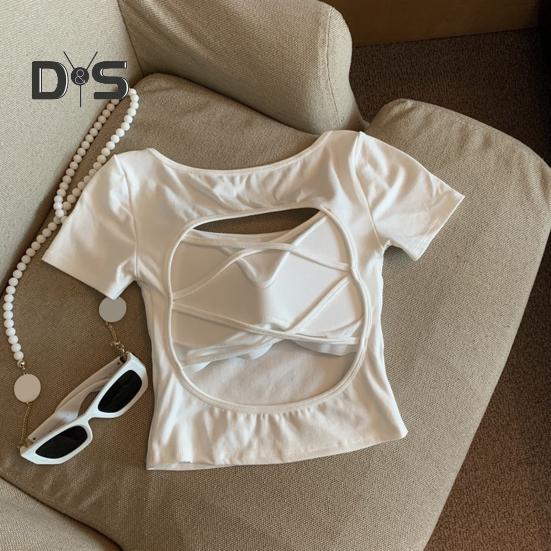 Damen T-Shirt mit quadratischem Kragen, kurzärmelig, mit Hohlkreuz, einfarbig, schmale Passform, kurze Oberteile für den Alltag