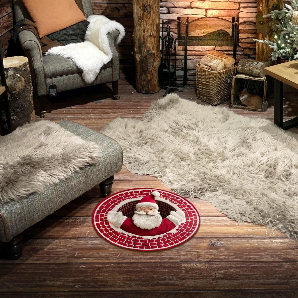 3D Christmas Rug Round Decorative Padded Carpet in Soft Velvet Material Featured Optical Design