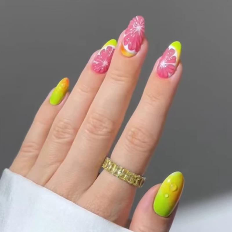 24 pièces d'ongles artificiels frais d'été, bouts d'ongles, bord blanc, style français, teints citron myrtille, à presser, longs, amande, faux ongles coréens
