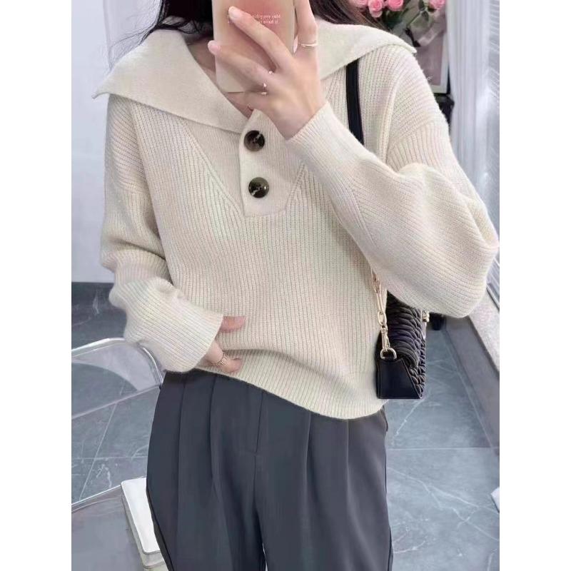 Autumn and Winter New Solid Color Simple Fashion Versatile Lapel Loose Version Lazy Style Short Long Sleeve Knitted Pullover Women