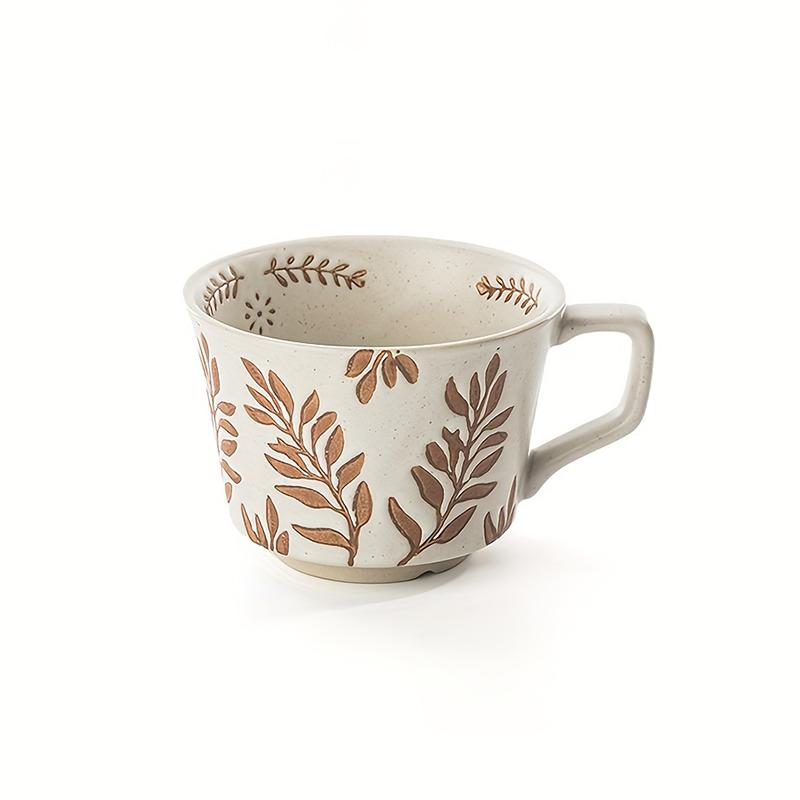 1PC Stoneware Mugs Vintage With Handles Office Coarse Pottery Cafe Plant Carving Nordic Ceramic Coffee Mug Fruit Tea Household