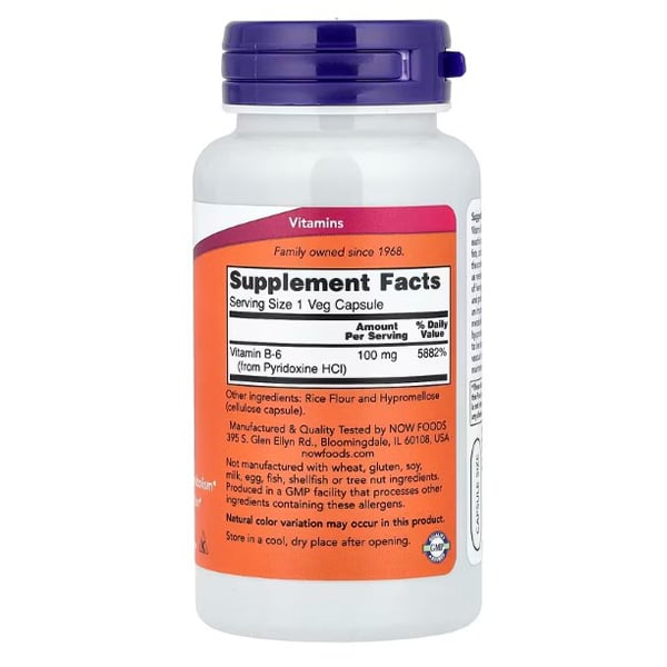 Witamina B6 (Pirydoksyna), Witamina B-6 100 kapsułek, Now Foods 100 kapsułek warzywnych (36128361)