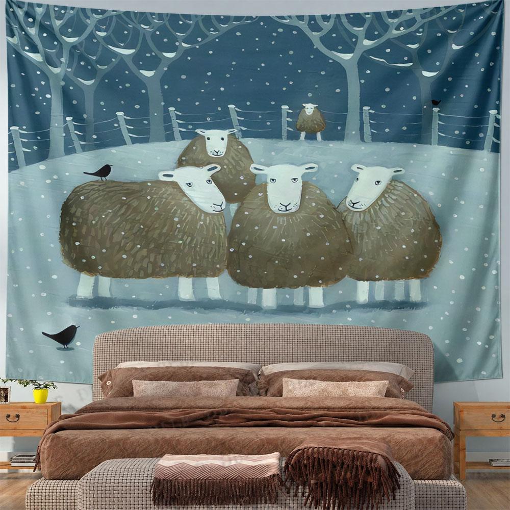 Snowy Winter Sheep Night Tapestry Wall Hanging Cozy Farm Country Decor for Bedroom Living Room Farmhouse Gift