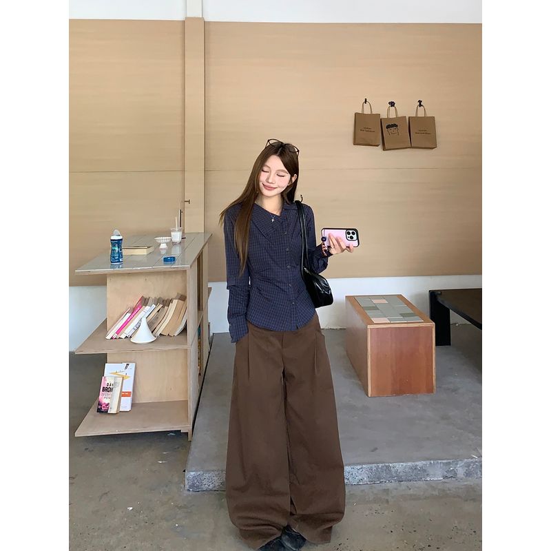 Kumikumi Elegant Outfit Oblique Lapel Gingham Long Sleeves Shirt Women's Autumn Easiest for Match Brown Loose Pants Two-piece Set