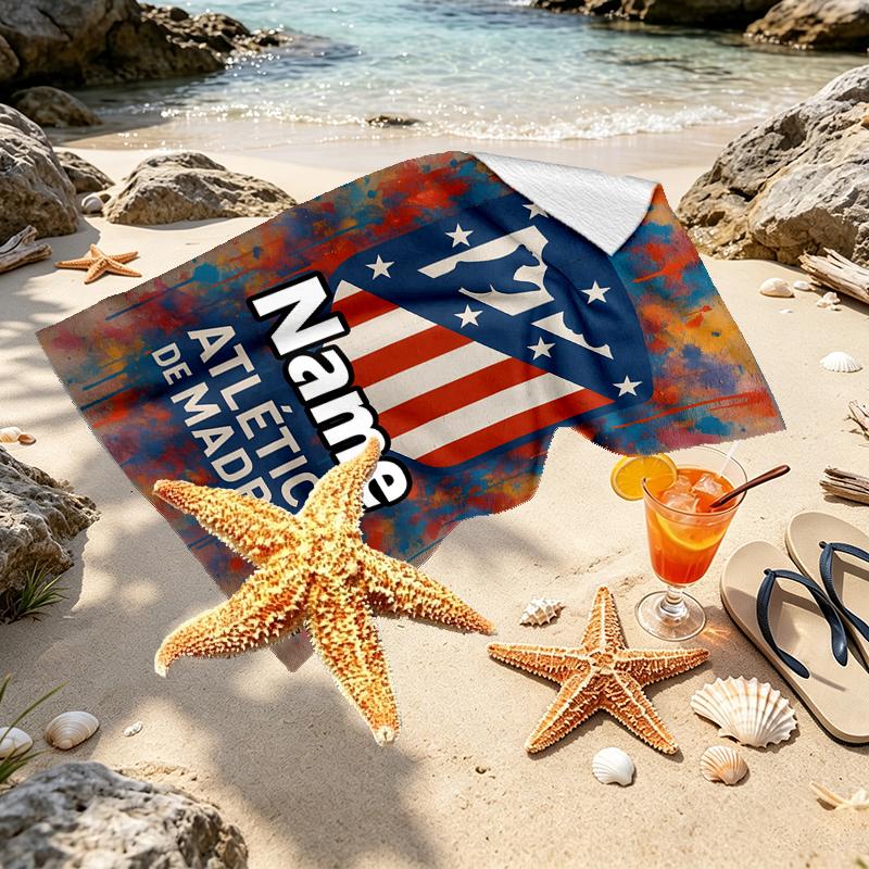 Custom Name Personalized Atletico Madrid Print Beach Towel, for Trip Camping Beach Party Home Decor, Birthday Gift for Family & Friends