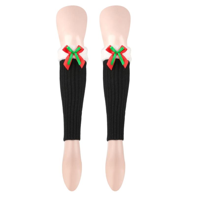 Ribbed Knitted Christmas Boot Cuffs for Women Sweet Bowknot Festival Plush Trim Leg Warmers Calf Socks for Cold Weather