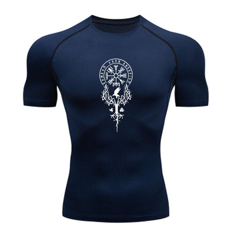 Men's Compression Workout T-shirt, Norse Yggdrasil Vegvisir Rune Raven Print Quick Dry Athletic Shirt for Gym Running Tr