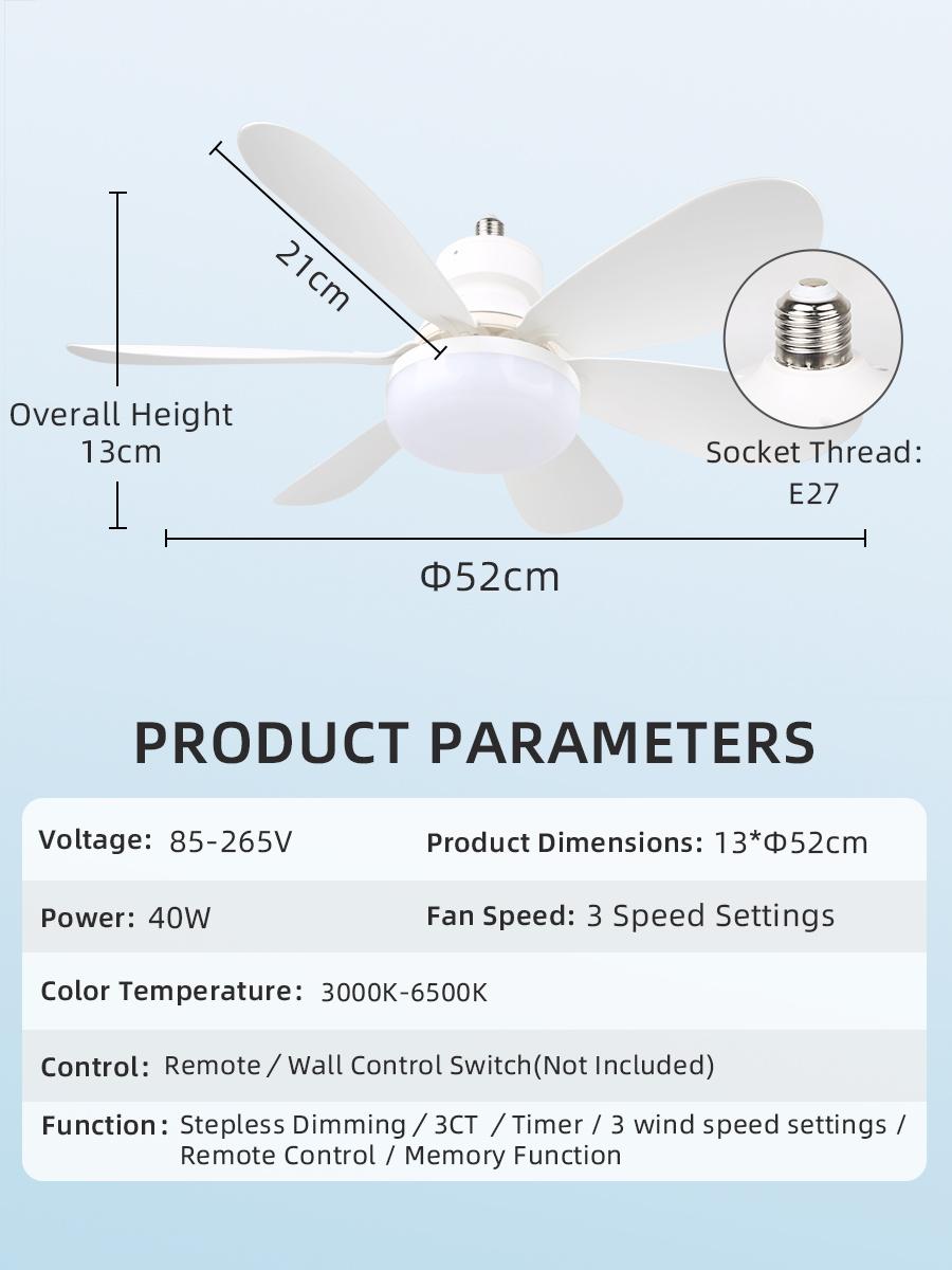 Ceiling Fan With Light Dimming E27 Ceiling Lamp Led Ceiling Lamp With Fan Ceiling Fan Lamp Electric Fan Night Light Bathroom Fan 40W 52cm белый