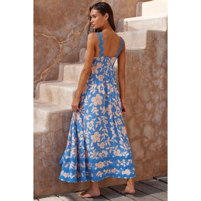 VEZFAA Women's Fashion Summer Spring Flower Pattern Print Sleeveless Suspenders High Waist Casual Dresses