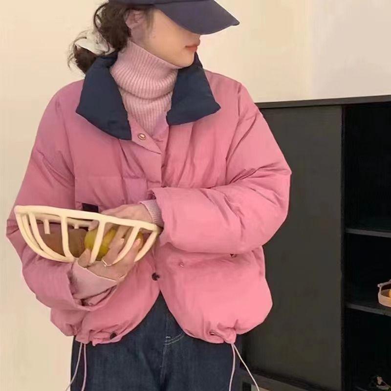 

Petite Color Block Down Jacket: Stand Collar Korean Style Women s Outerwear for Autumn/Winter Small