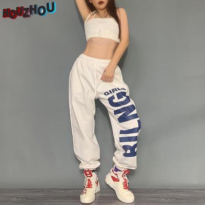 Harajuku מודפס רגל ישרה מכנס ריצה לנשים אוברסייז קוריאנית בגדי רחוב מזדמנים מכנסי טרנינג רפויים היפ הופ לבית הספר