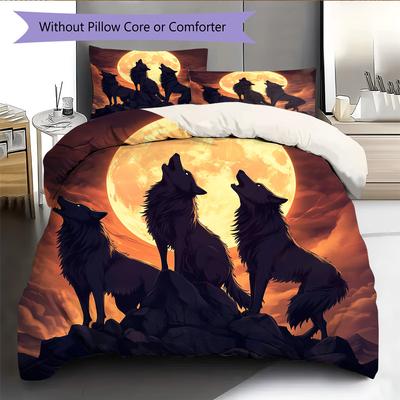 Moon Wolf Pattern Bedding Quilt Set Quilt Cover Pillowcase Home Decoration Gift (1 * Duvet Cover + 2 * Pillowcase, Without Core)