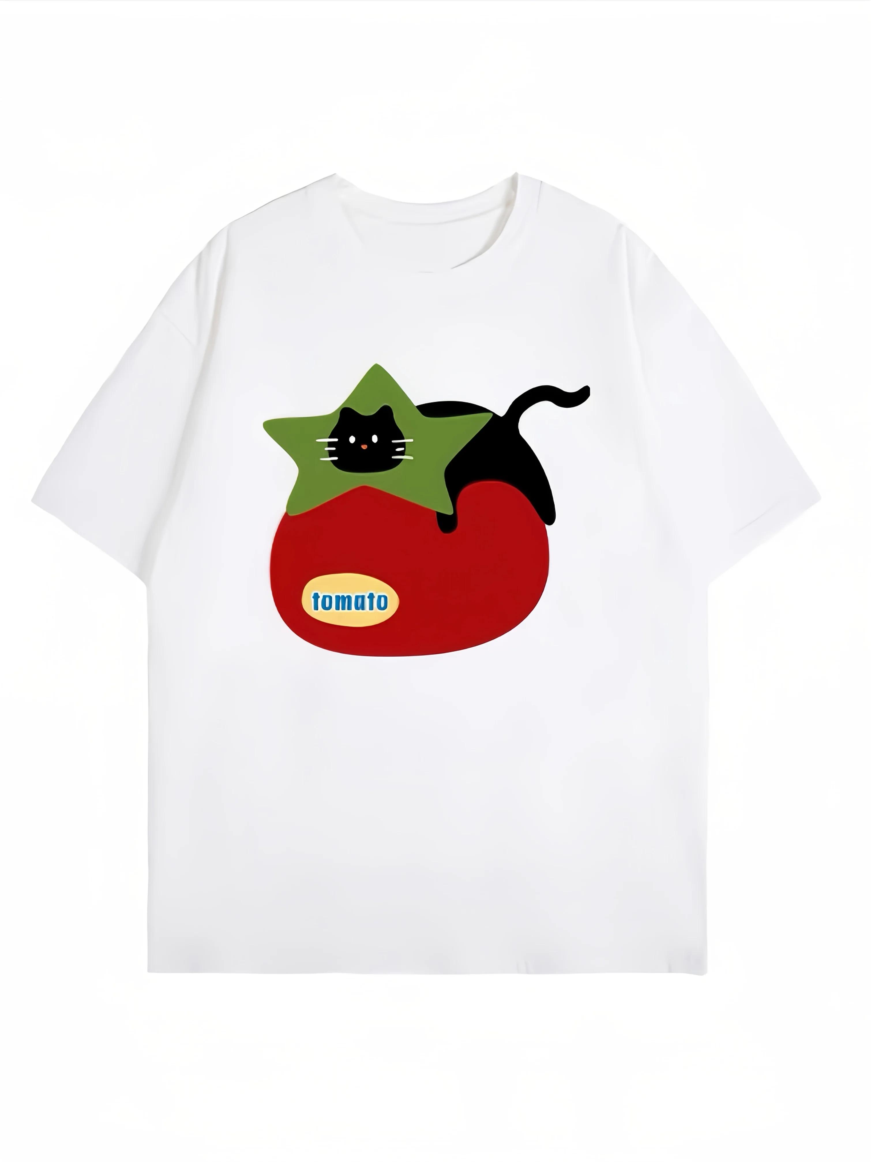 

Summer Black Casual Tomato Cat Graphic Printed TShirts Round Neck Short Sleeve Relaxed Styles Comfortable Women Tops Y2K Top S