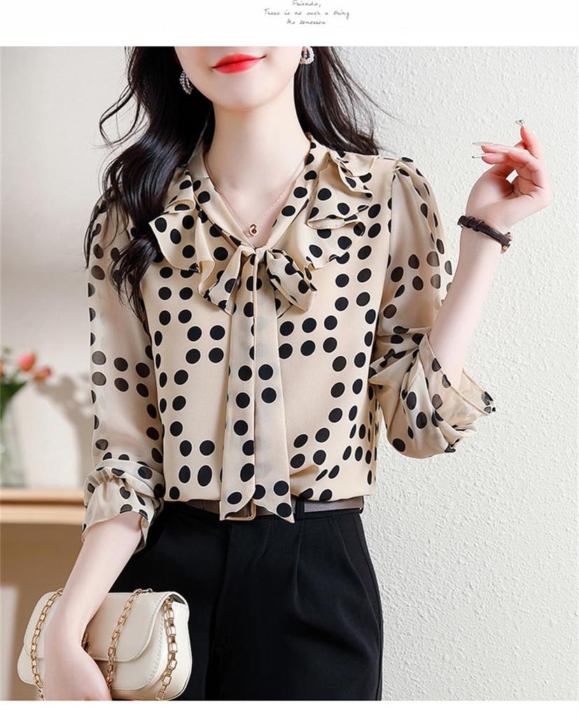 TAITENG Chiffon Long Polka Dot Blouse with Korean Elegant for Office and Commuting Women's Shirt, Sleeve, V-Neck, Print, Ribbon, Fashion, Wear,