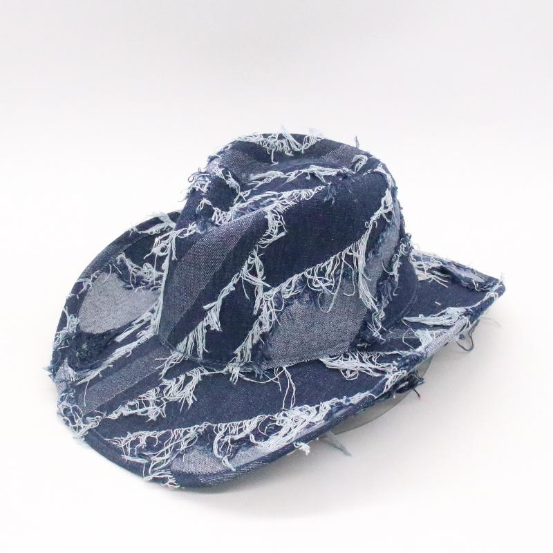 Retro Blue Western Cowboy Hat Women'S Summer Outing Sun Protection Big Brim Sun Hat Burr Rim Knight Hat Men'S Trend