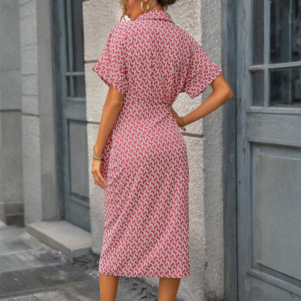 Ladies' Summer Printed Long Dress Casual And Fashionable Waist Cinching V-neck Short Sleeved Comfortable Dress