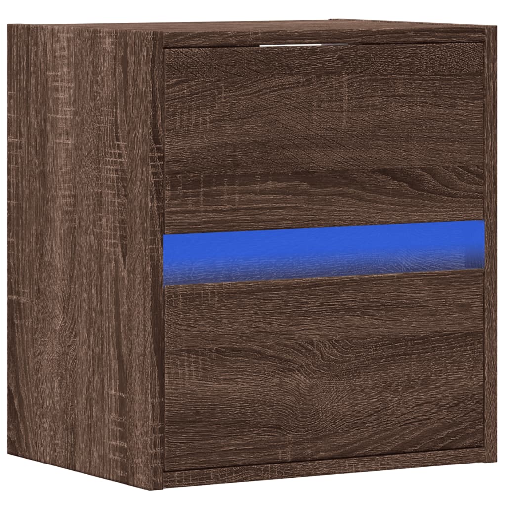 Wall Mounted Nightstand with LED Lighting Brown Oak Effect