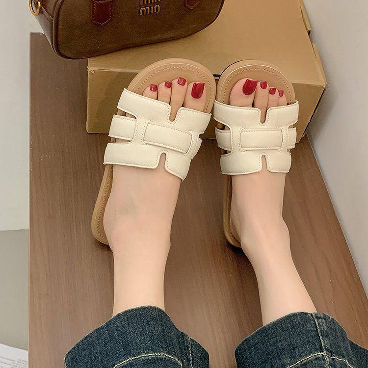 

Simple low-heeled cool slippers for women s summer new high-end weaving fashionable atmosphere versatile casual slippers for women 35