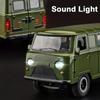 1:18 Russia Uaz Travelers Hunter Miniature Car Diecast Model Alloy Toy Sound Light Pull Back Doors Opened Models Children's Gift