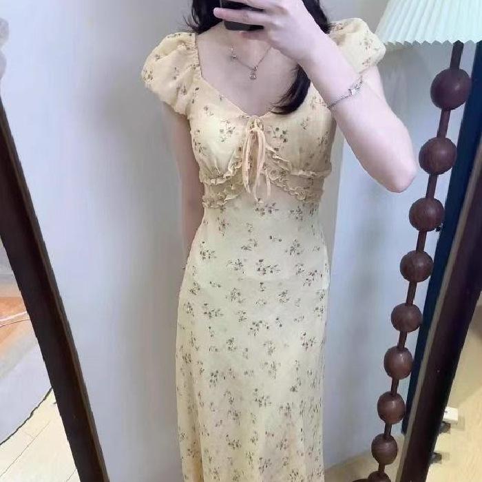 French sexy V-neck floral dress women's summer temperament waist long dress coffee break dress seaside vacation dress