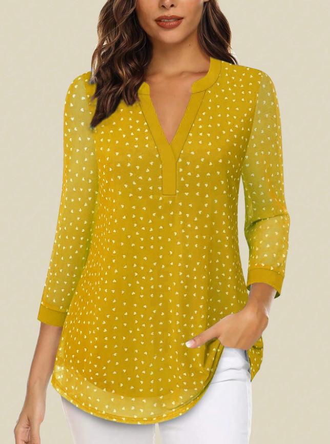 Women's European & American V-neck 3/4 Sleeve Printed Chiffon Loose Plus Size Top