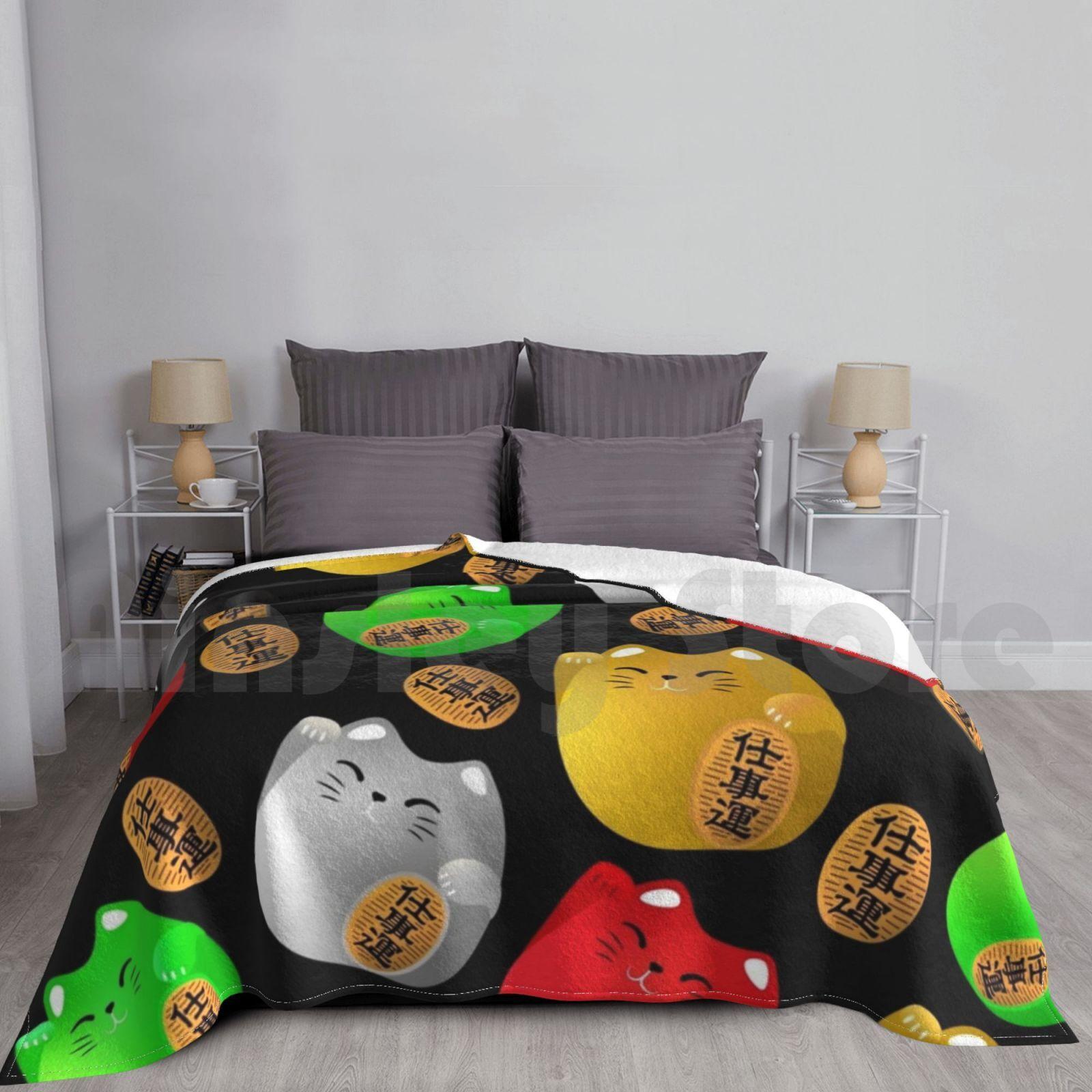 Fun Colorful Maneki-Neko Cats Pattern On Black Blanket For Sofa Bed Travel Maneki Maneki Neko Manekineko Size: 75*100cm, Weight: 230 GSM