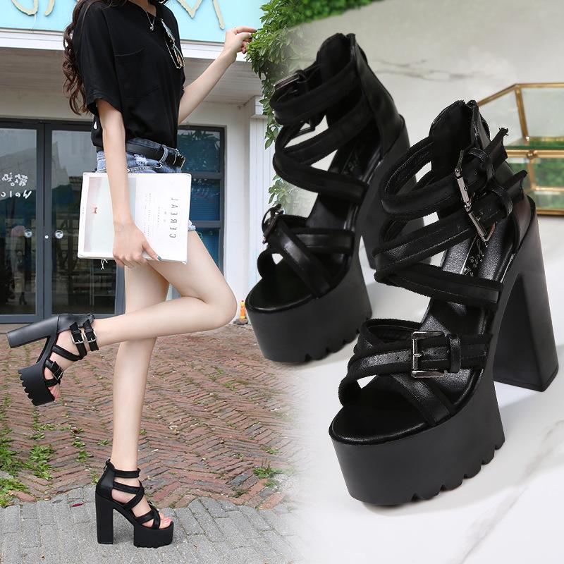 Punk Rock Style Platform Sandals Women Ankle Strap Belt Buckle Hegith Heels 14cm Sexy High Heels Shoes Cut Out Plus Size