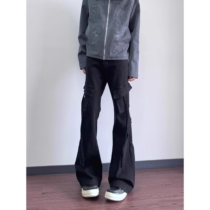 Mens Black Vintage High Street Flared Denim Pants Elastic Waist Cargo Jeans Casual Wear