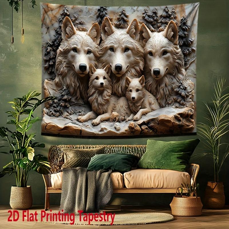 1Pc Wolf Family Natural Landscape Tapestry Wall Hanging, Decorative Fabric Poster for Bedroom, Living Room, Dorm & Home Decor