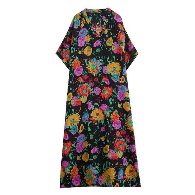 Vintage Floral Summer Dress Long Maxi Casual Loose Dresses for Women Plus Size Cotton Short Sleeve New In
