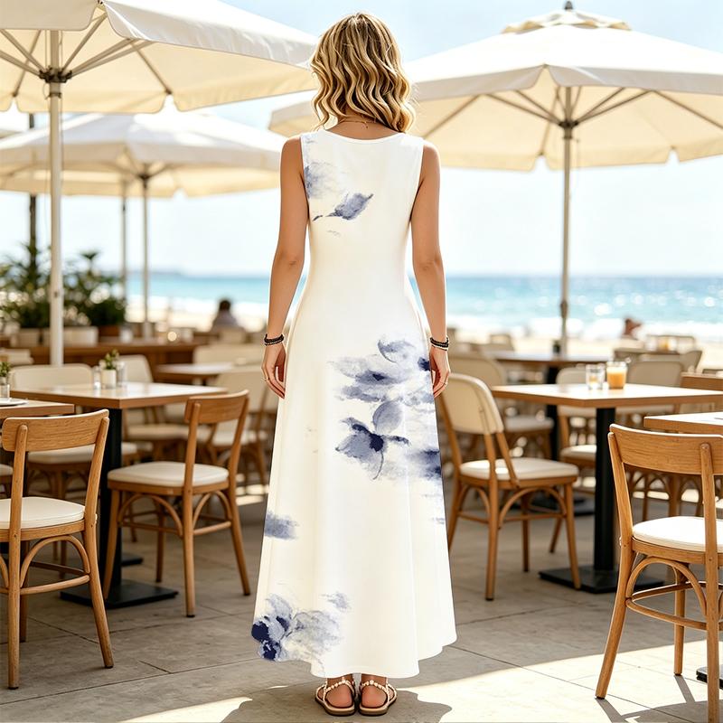 Vintage Chinese Ink Flower Motif U-Neck Sleeveless Long Gown, Lightweight Summer Travel Attire