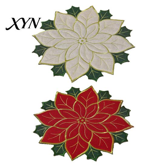 Seasonal Tableware for Kitchen Christmas Floral Leaf Placemat Dining Table, Decorative Polyester Fabric Table Reusable Linens Mats with Festive Leaves