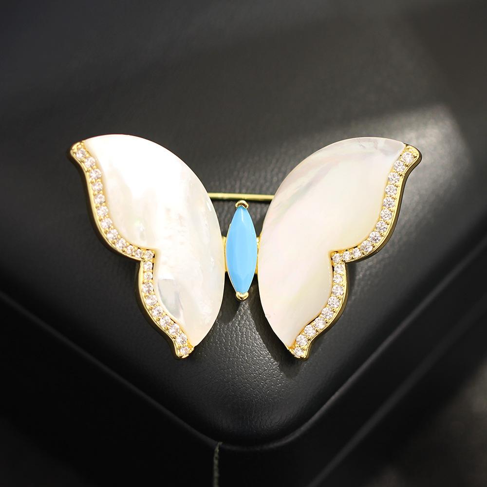 Temperament niche micro-inlaid zircon natural white fritillary butterfly brooch red inlaid stone high-end insect pin women s