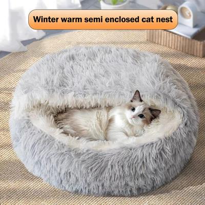 Snooze Cat Bed Round Plush Fluffy Hooded Cozy Cat Bed Cave for Indoor Donut Self Warming Small Dog Bed Anti-anxiety Puppy Kennel