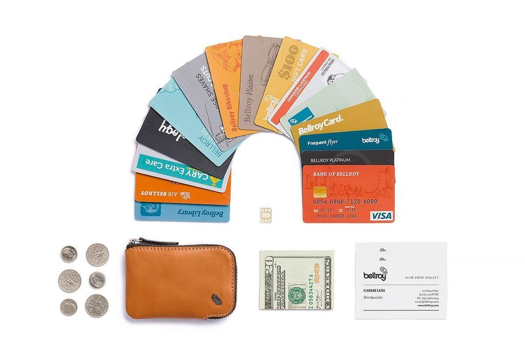 Bellroy Leather Card Pocket Wallet Slim Zipper Wallet up to 15 and Caramel - (Holds Cards, Bills, Coins) -